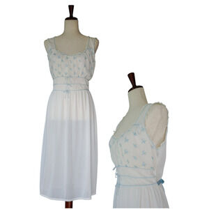 VTG Fray Pruf Blue Bird Embroidery Slip Babydoll Dress L Fairy Coquette Nighty